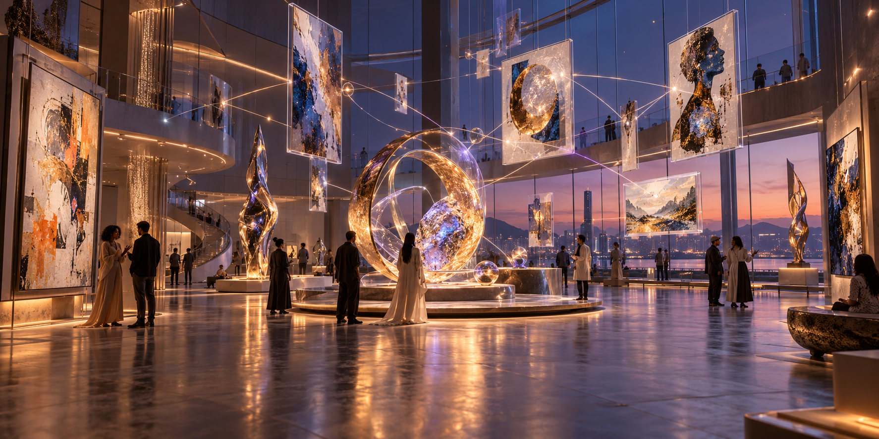 Contemporary gallery with artwork, sculpture, and provenance materials