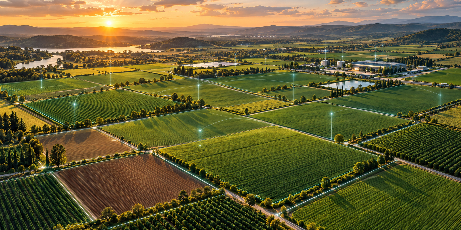 Modern agricultural estate with greenhouse, crops, and water infrastructure